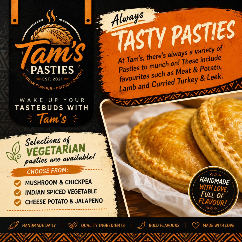 Tam's Pasties menu flyer